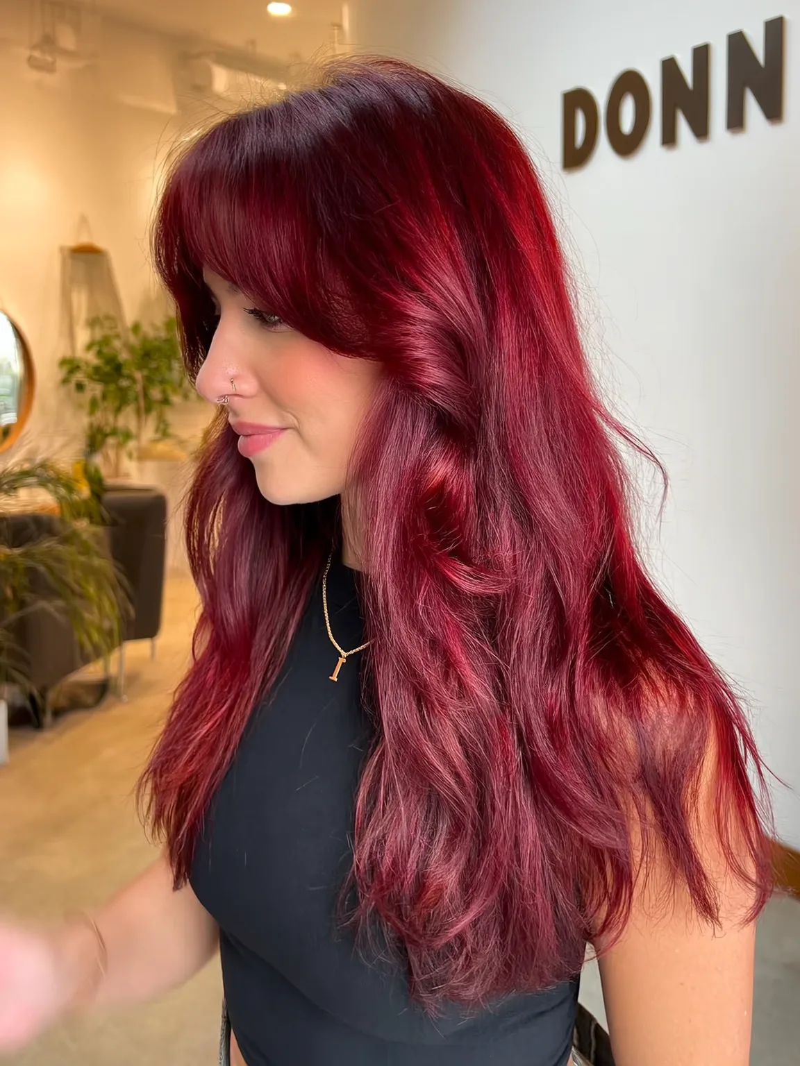 Vibrant Cherry Red Long Layers with Blunt Bangs